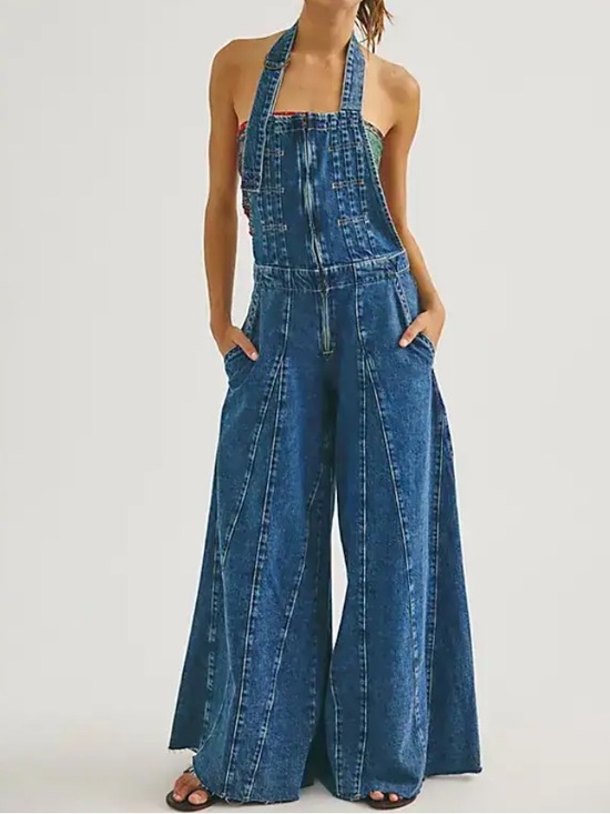 Free People Denim - Free People We The Free Vista Apron Denim Jumpsuit Wide Leg Halter Boho | 27